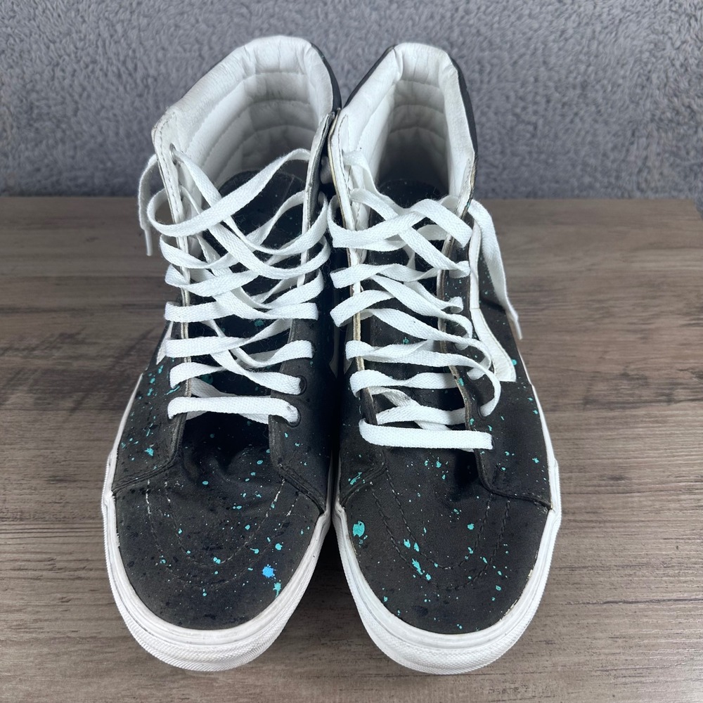 Vans Sk8-Hi Sneakers Mens 11.5 Black Teal Paint Splatter High Top Skate Shoes